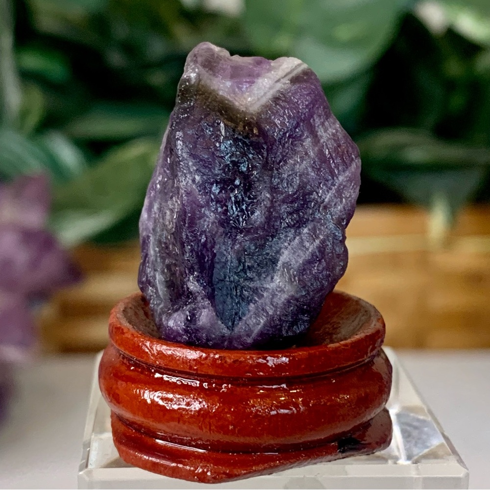 Dark Purple Chevron Amethyst Quartz Crystal Specimen in Wood Display Stand 1.5"
